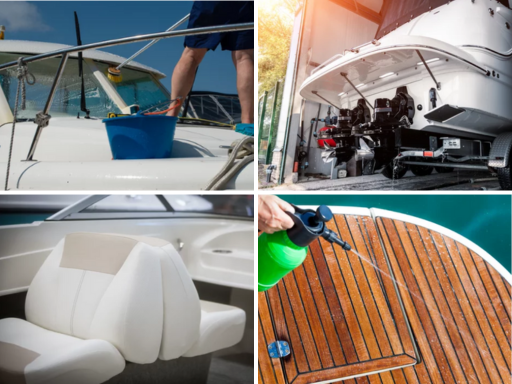 Collage of four images: 1) Person cleaning a yacht's windshield with a brush, 2) View of outboard boat engines in a workshop, 3) Close-up of a white boat seat interior, and 4) Hand spraying a cleaning solution on a wooden boat deck.